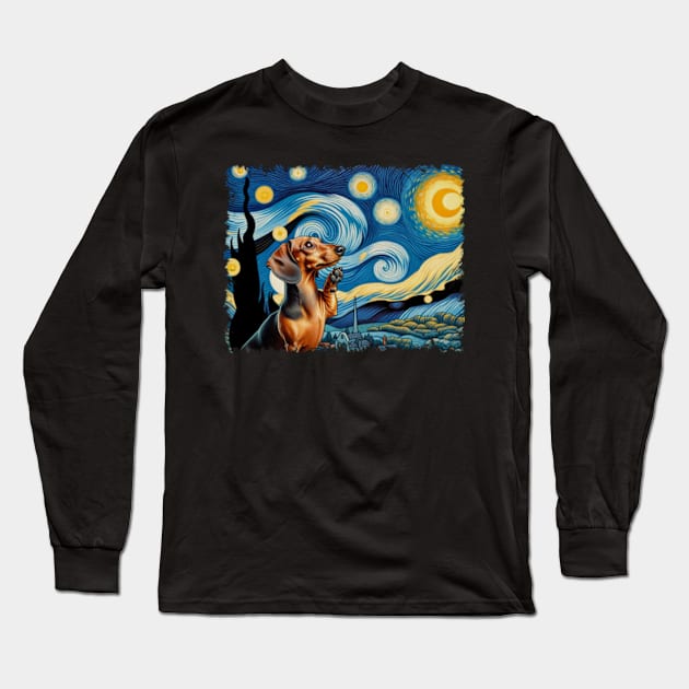 Cute and Curvy Crew Dachshund Dog Starry Night, Doggy Delight Tee Long Sleeve T-Shirt by Chocolate Candies